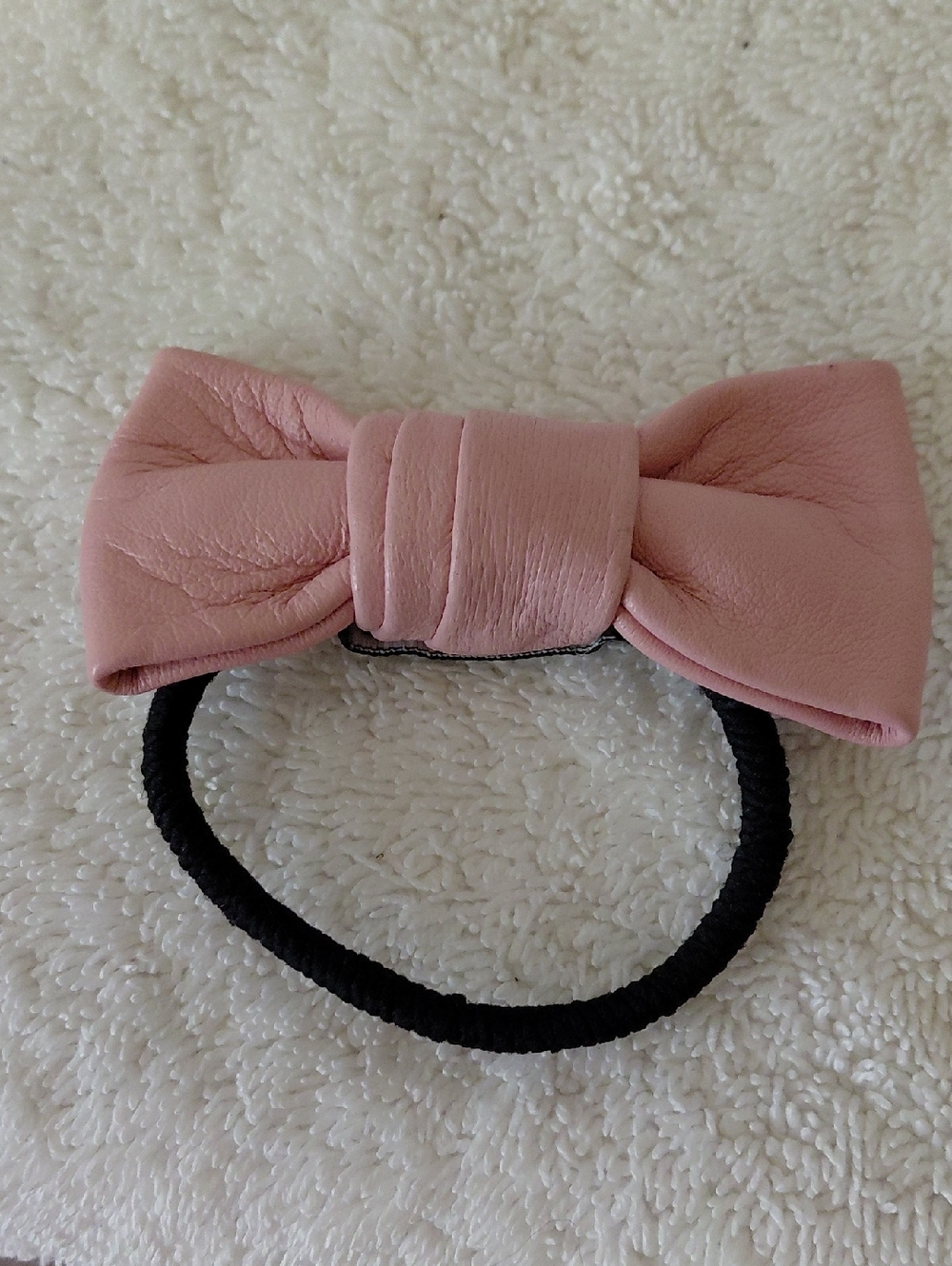 Pink Pleather Bow Hair Tie Elastic
